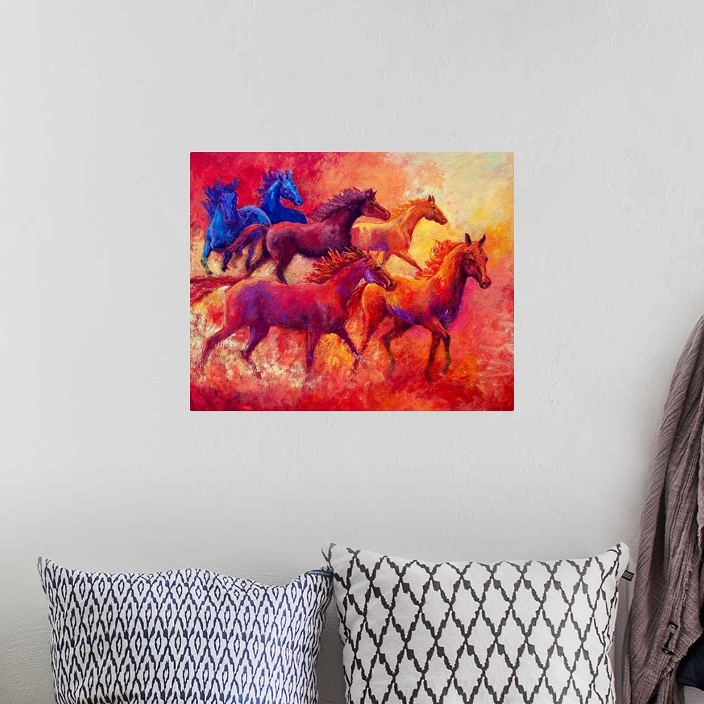 A bohemian room featuring Landscape, large contemporary painting of a group of six horses running together in the same dire...