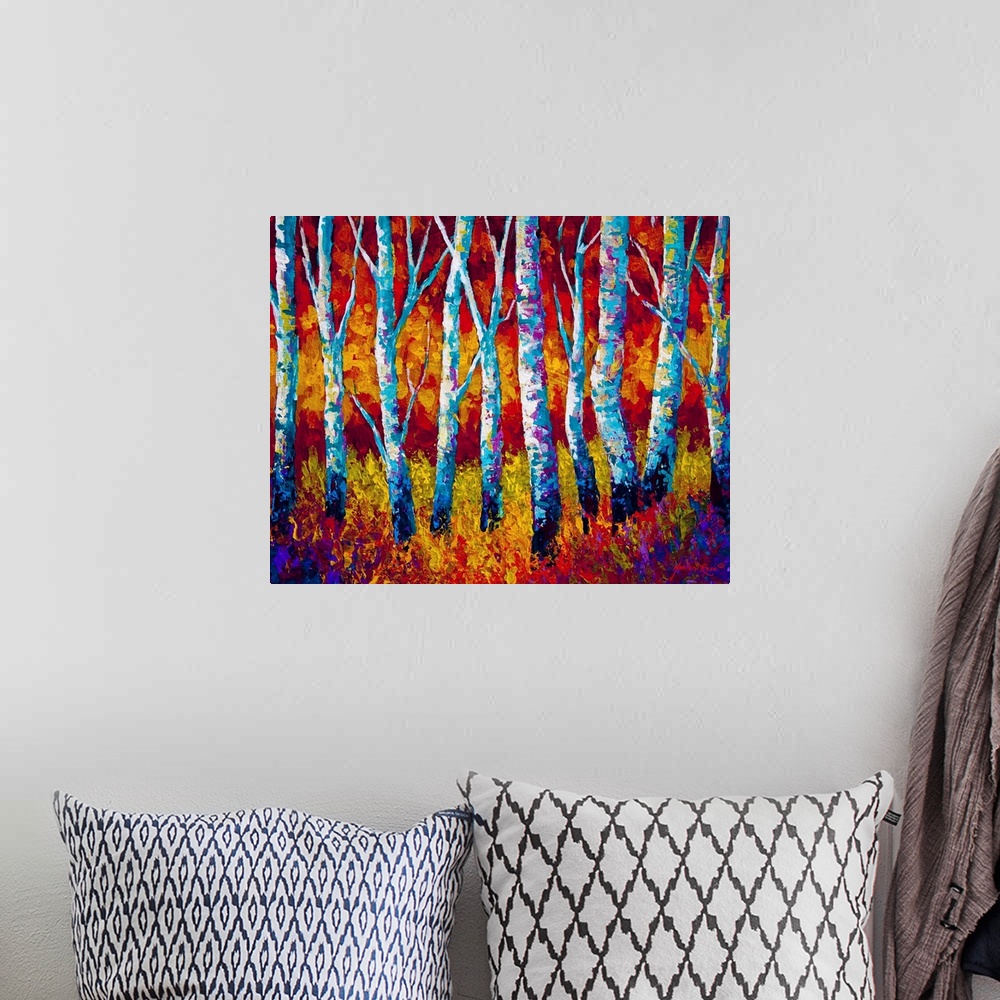 A bohemian room featuring Colorful bright contemporary painting of trees in a forest with undergrowth.