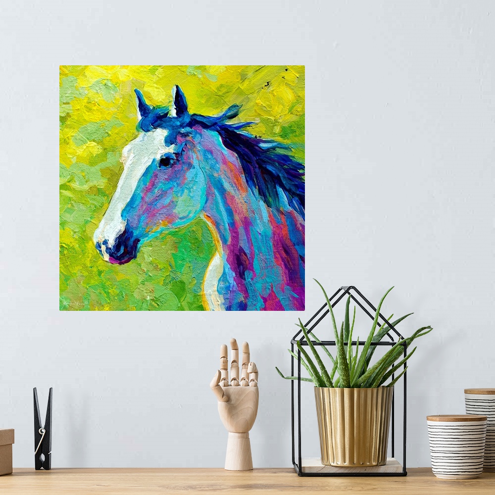 A bohemian room featuring A contemporary painting of a horse done in vivid, unconventional colors. The stallion's mane is w...