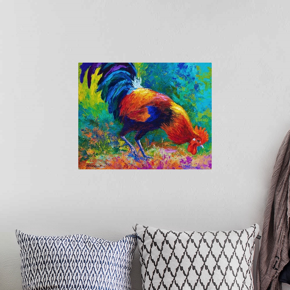 A bohemian room featuring Painting of a vividly colored rooster foraging on the ground.