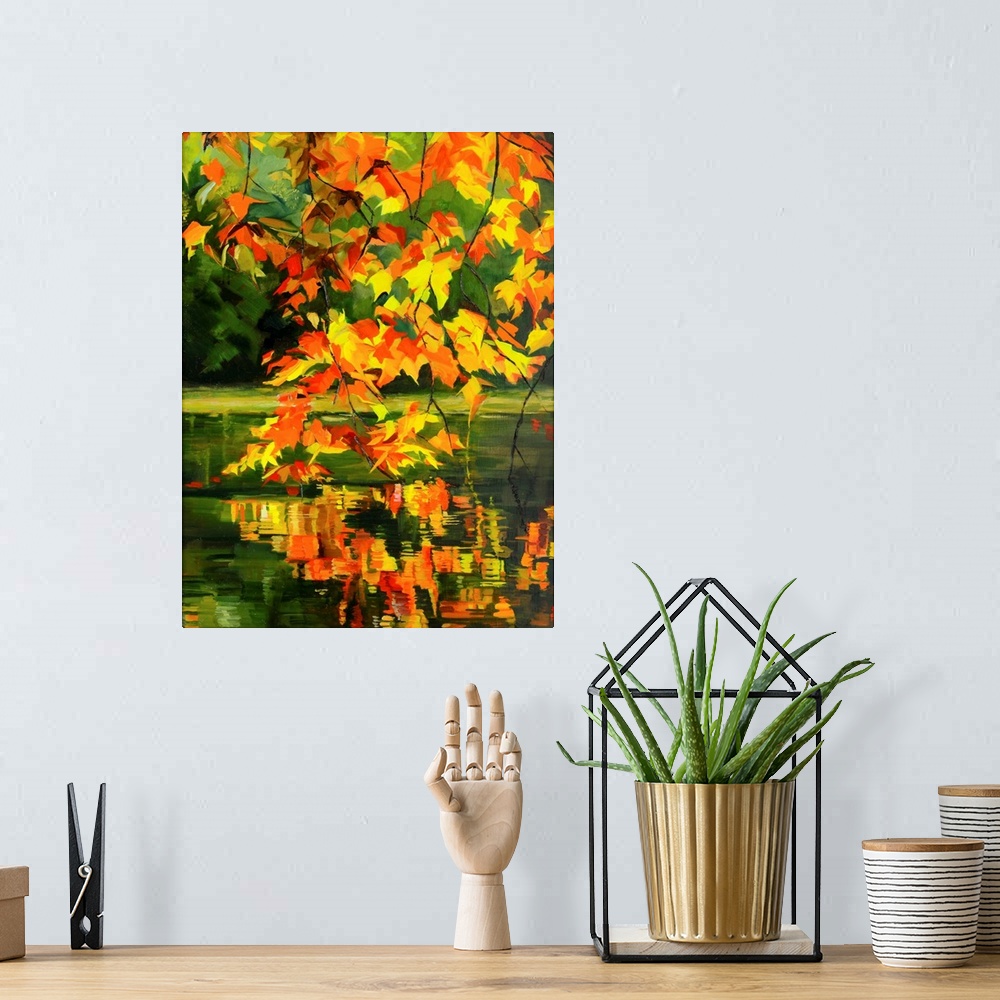 A bohemian room featuring Leaves in fall haning over water.