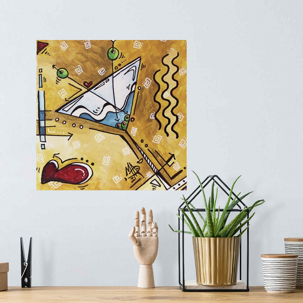 A bohemian room featuring Contemporary painting of a martini glass with olives on a funky golden background.