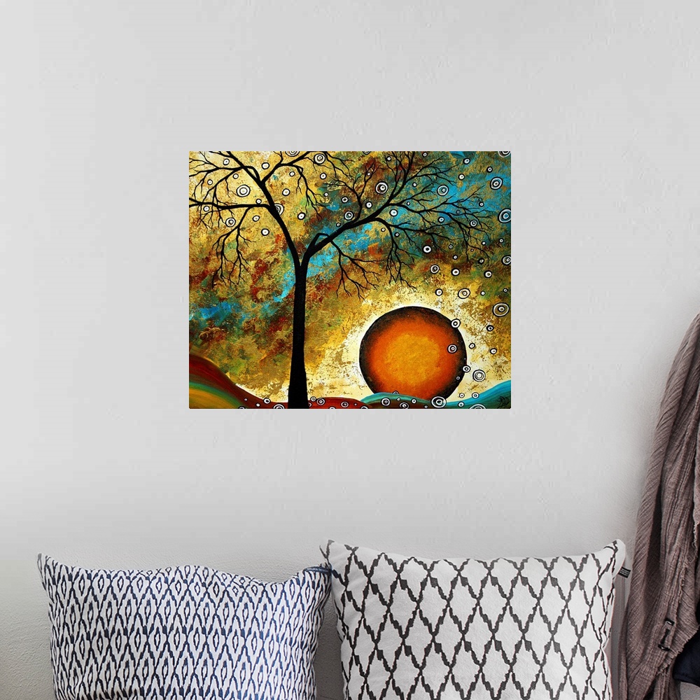 A bohemian room featuring This wall art is a surreal contemporary painting of a silhouetted tree and a sun like orb falling...