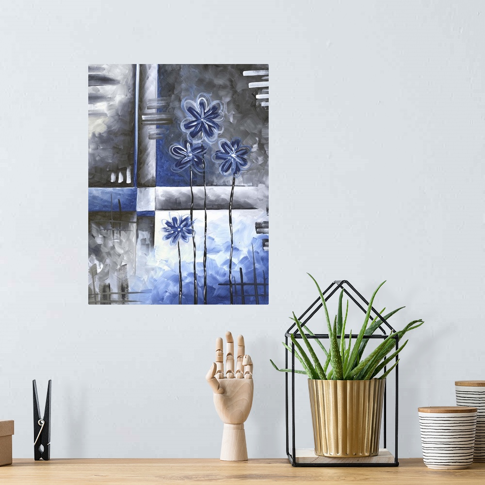 A bohemian room featuring A contemporary abstract painting using angular shapes and blue and gray textures.