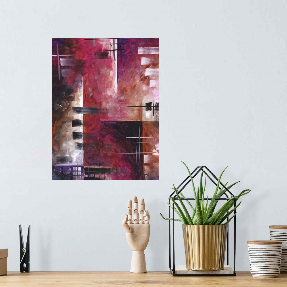 A bohemian room featuring Contemporary abstract painting using deep purple and red tones and angular geometric shapes.