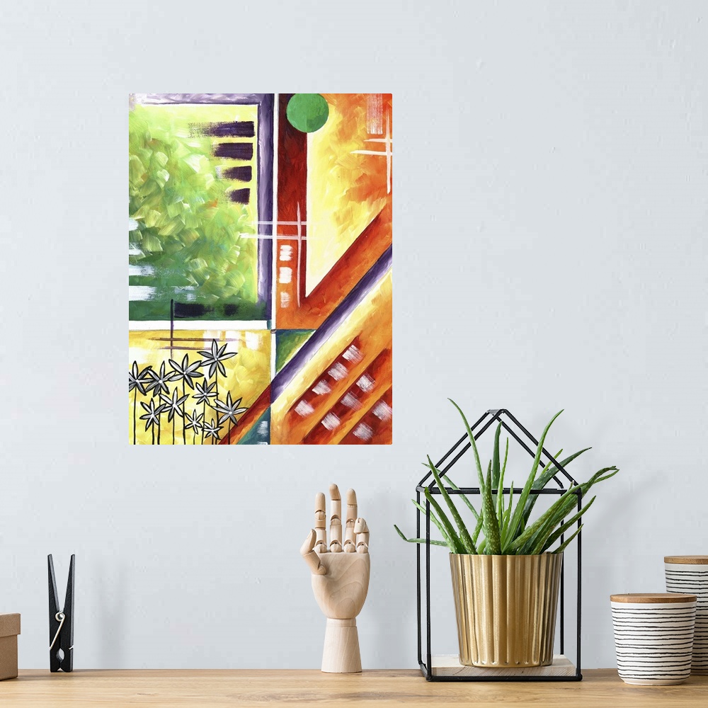 A bohemian room featuring Contemporary abstract painting using a wide spectrum of colors and angular geometric shapes.