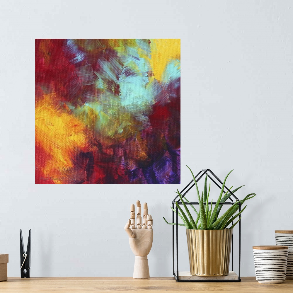 A bohemian room featuring Square, large painting for a living room or office of multicolored, vibrant, overlapping brushstr...