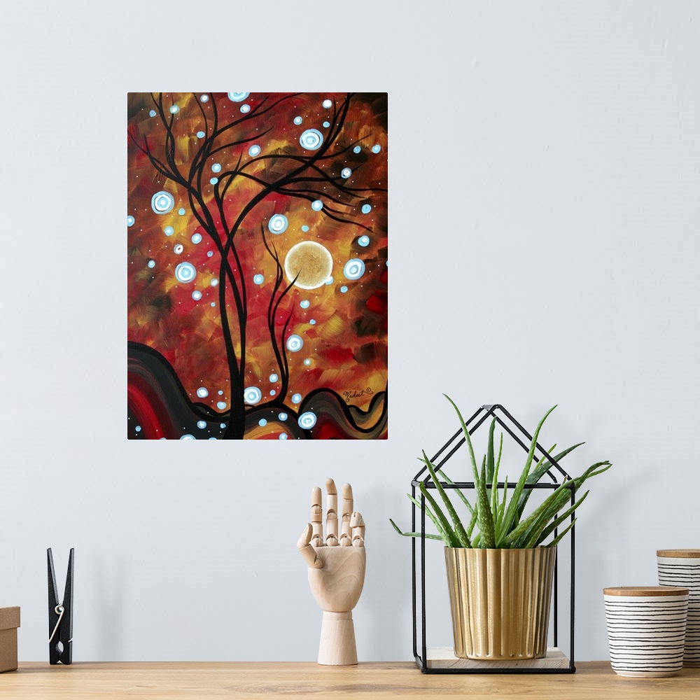 A bohemian room featuring An intense, bold colorful abstract painting with fun whimsical colors. The black silhouette of a ...