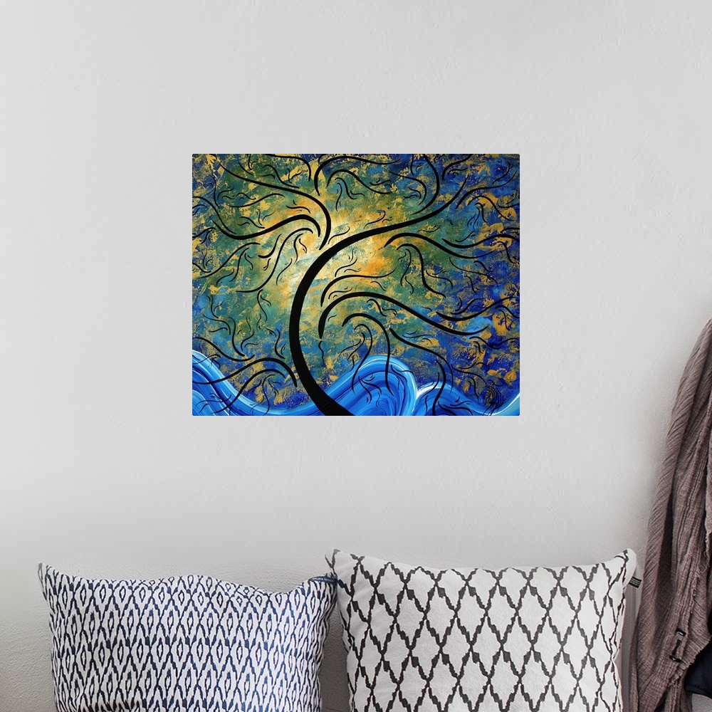 A bohemian room featuring Abstract artwork of a tree that has golden leaves and the sun just behind it. A wave of blue is p...