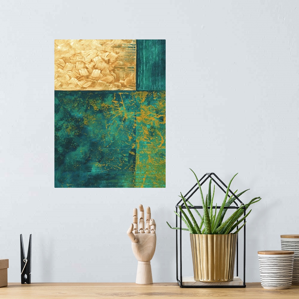 A bohemian room featuring Contemporary abstract painting using geometric shapes and dark green and gold.