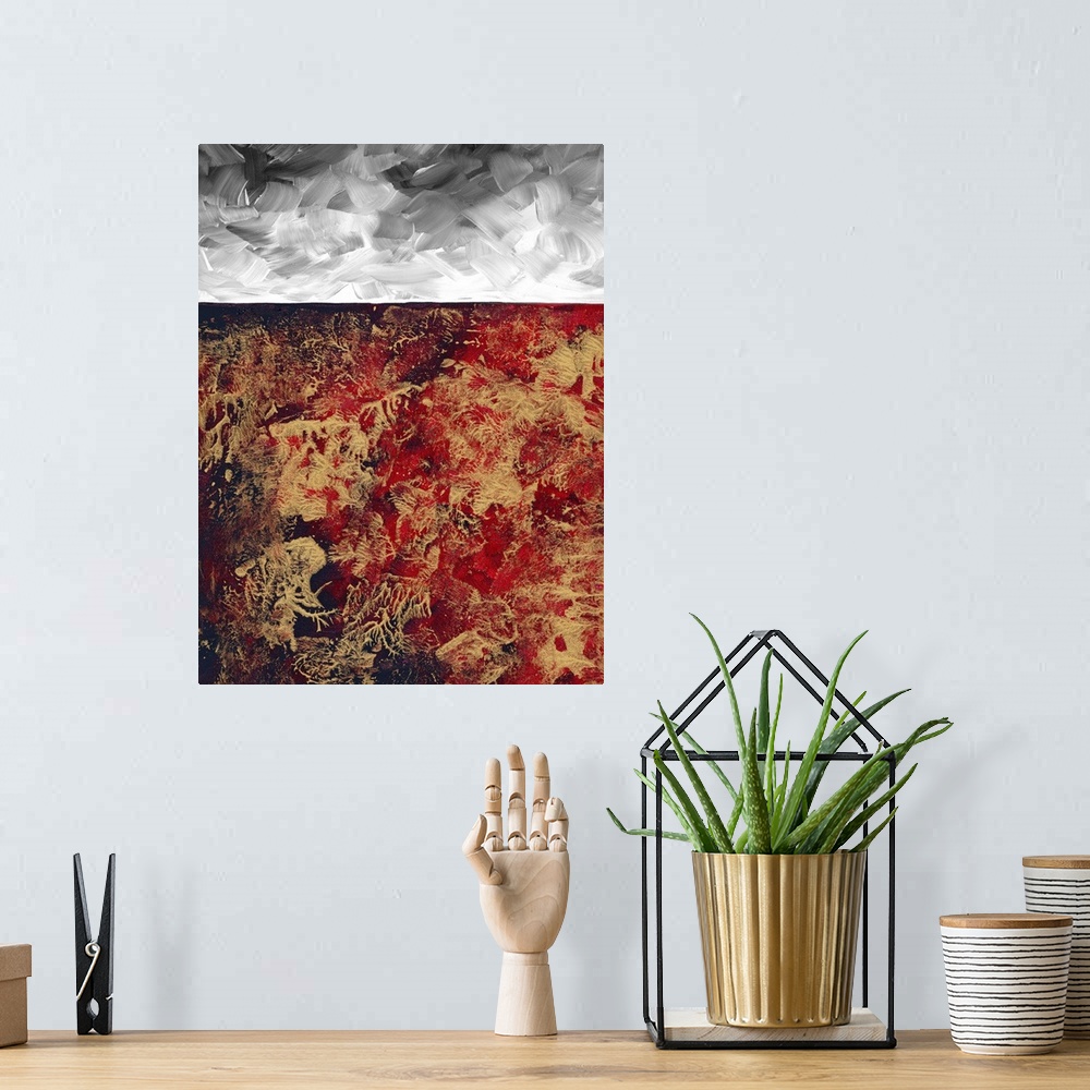 A bohemian room featuring Contemporary abstract painting using deep red tones with gold and gray.