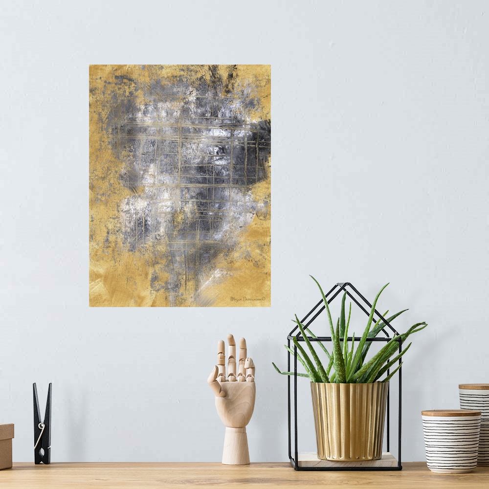 A bohemian room featuring A contemporary abstract painting that has a gold background and gray, black and white hues on top...