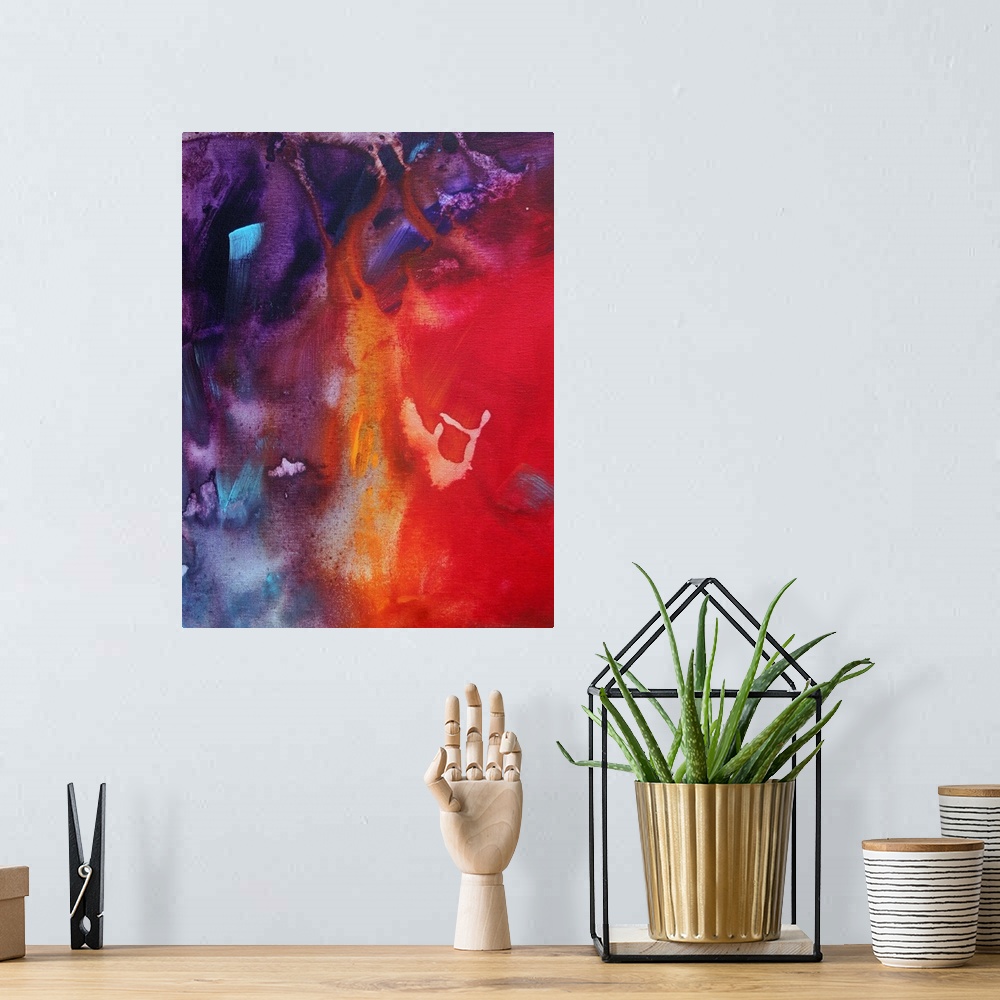 A bohemian room featuring An Original Abstract painting in MADART's unique contemporary style. The fluid colors of reds, ye...