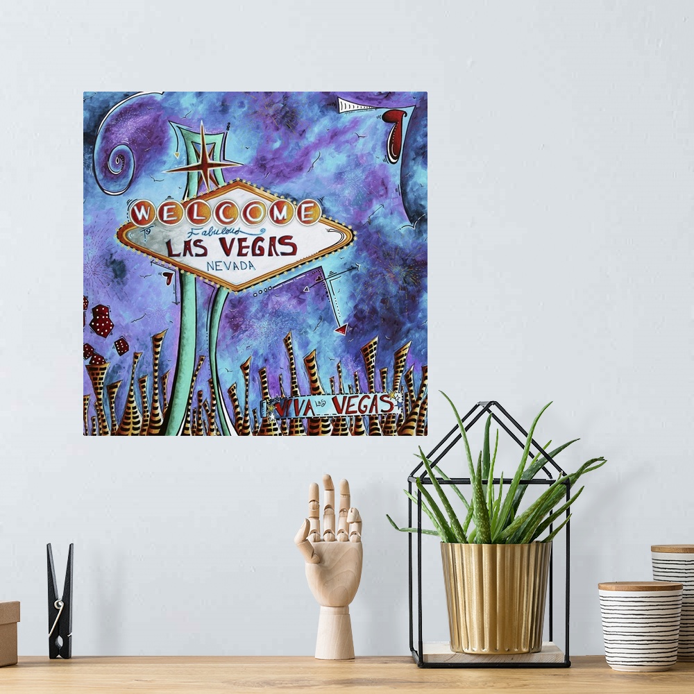 A bohemian room featuring Contemporary painting of the Vegas sign against a purple and blue colored sky.