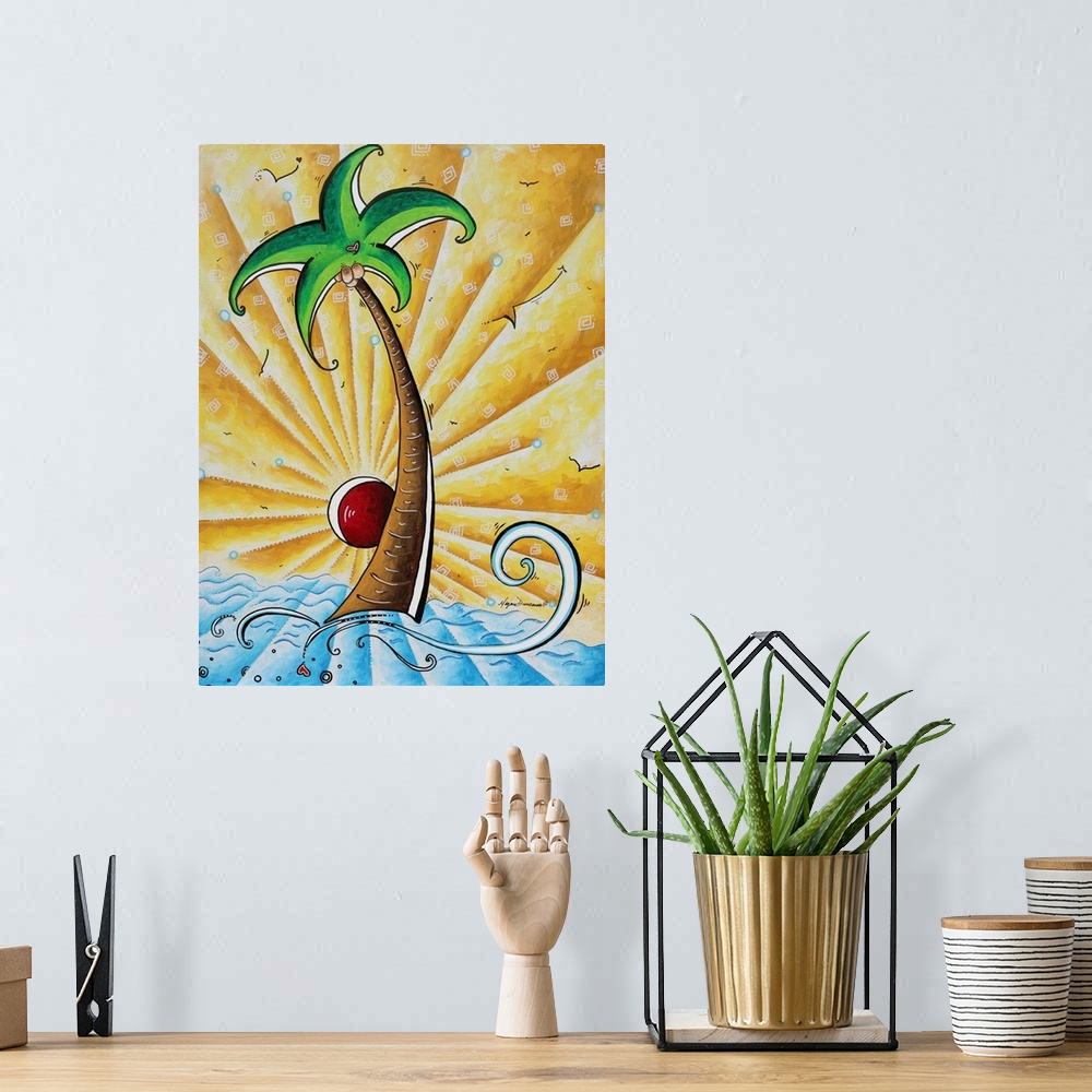 A bohemian room featuring Contemporary painting of a palm tree standing in the ocean with a golden sun behind.