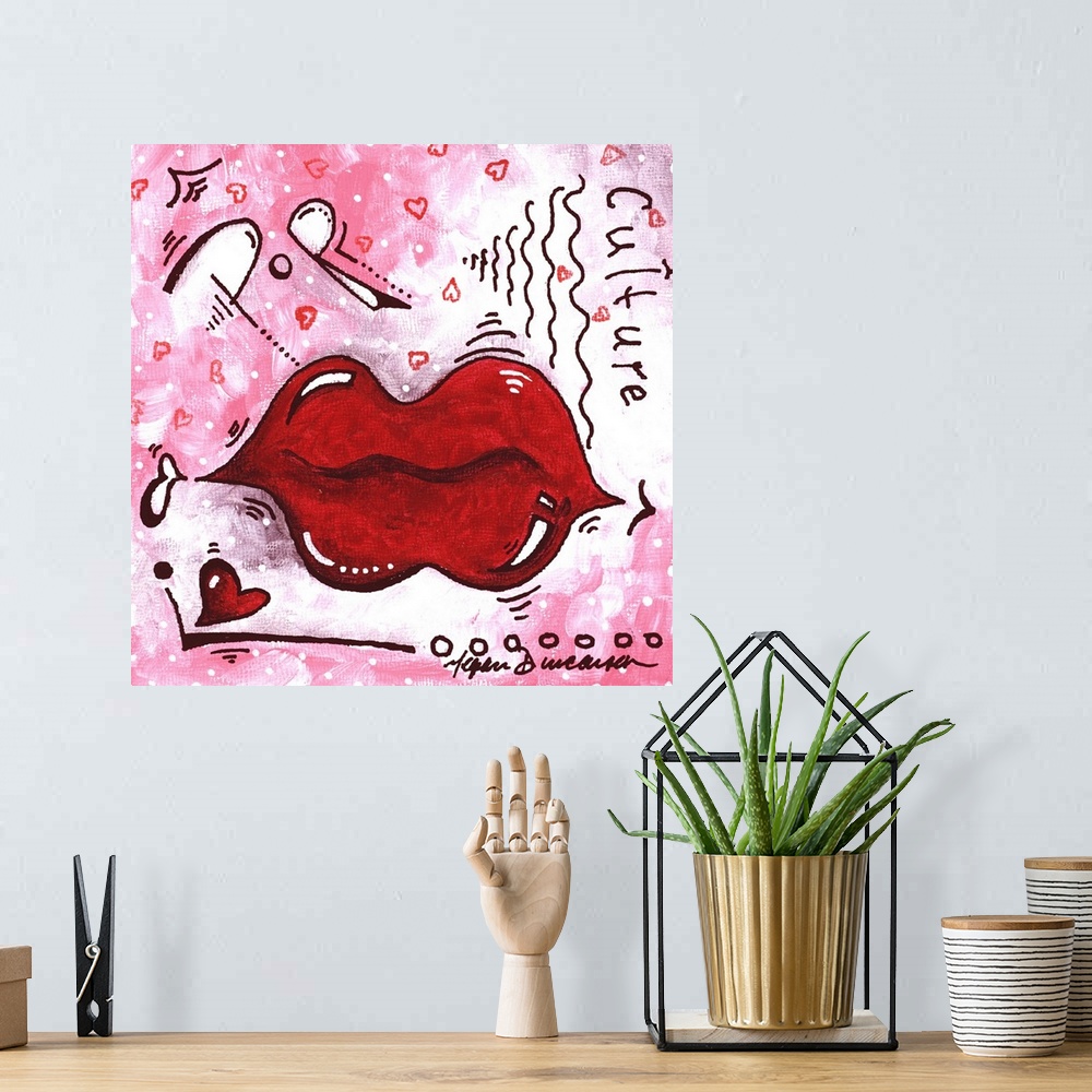 A bohemian room featuring Contemporary painting of red lips against a vibrant pink background.