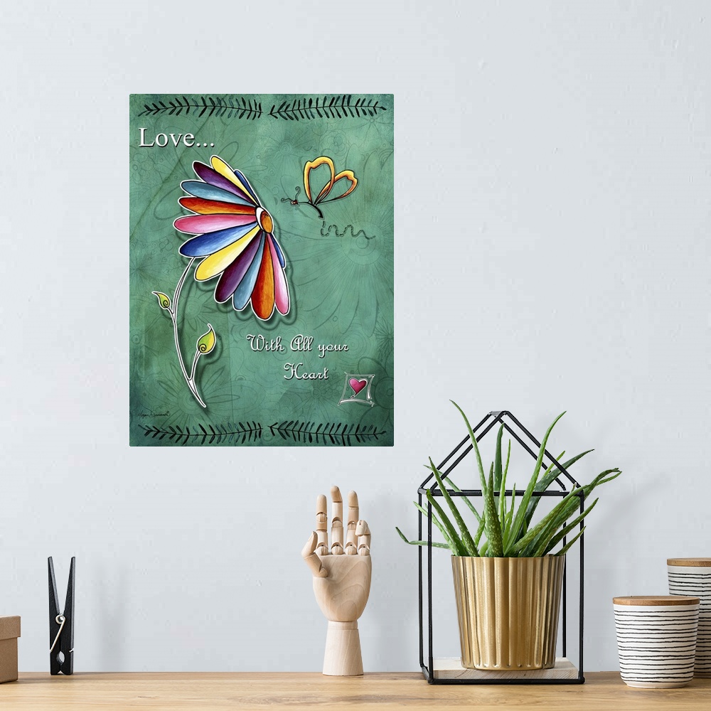A bohemian room featuring Drawing of a flower with petals in many different colors and an inspirational quote.