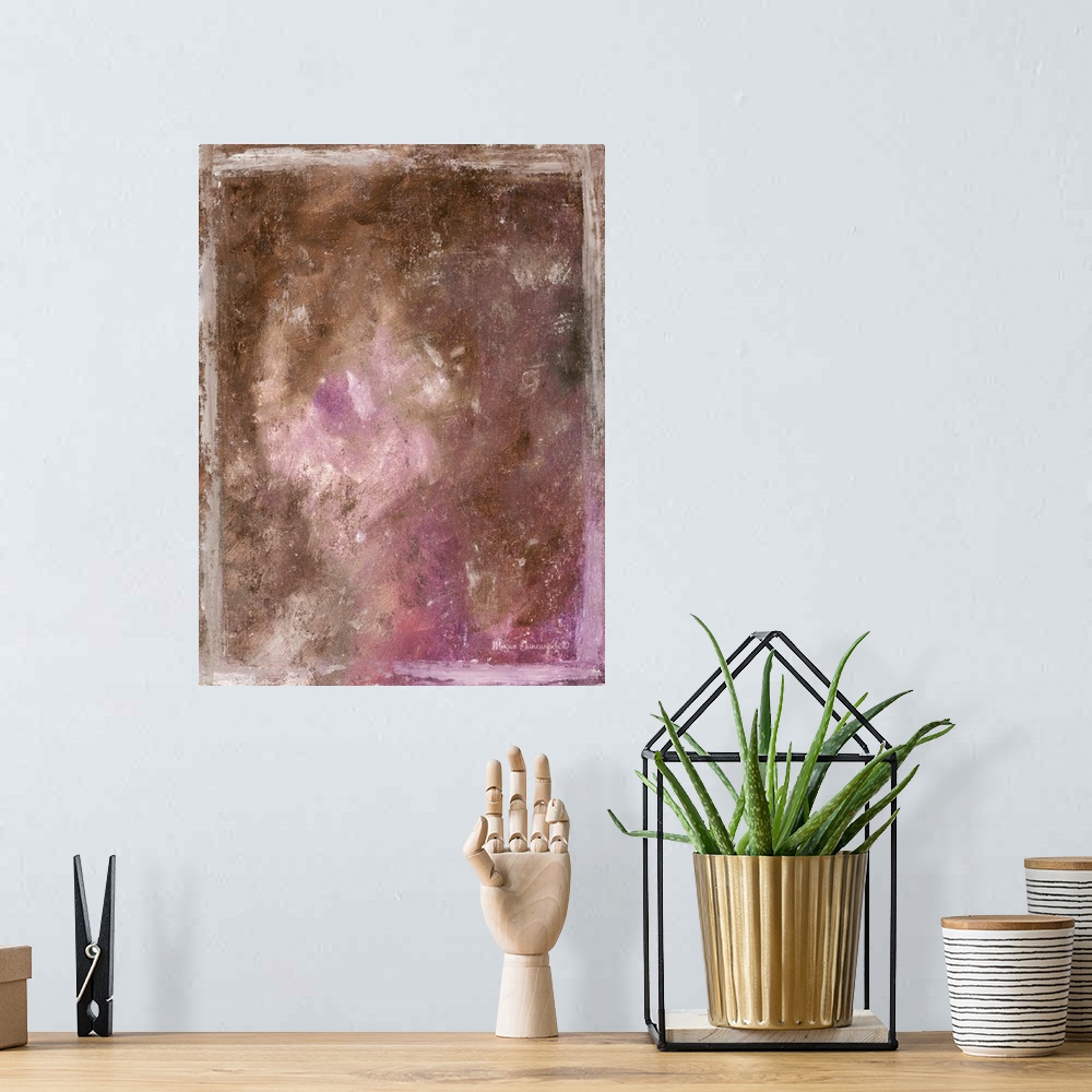A bohemian room featuring A contemporary abstract painting that has a brown and grey undertone with bright pinks, purples, ...