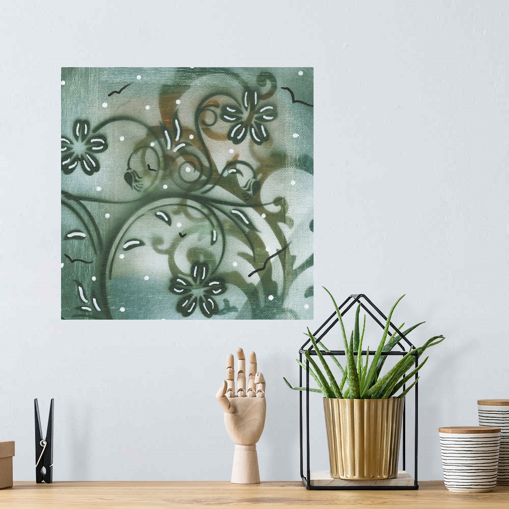 A bohemian room featuring A modern, decorative set of 9 contemporary nature inspired designs. Each individual painting feat...