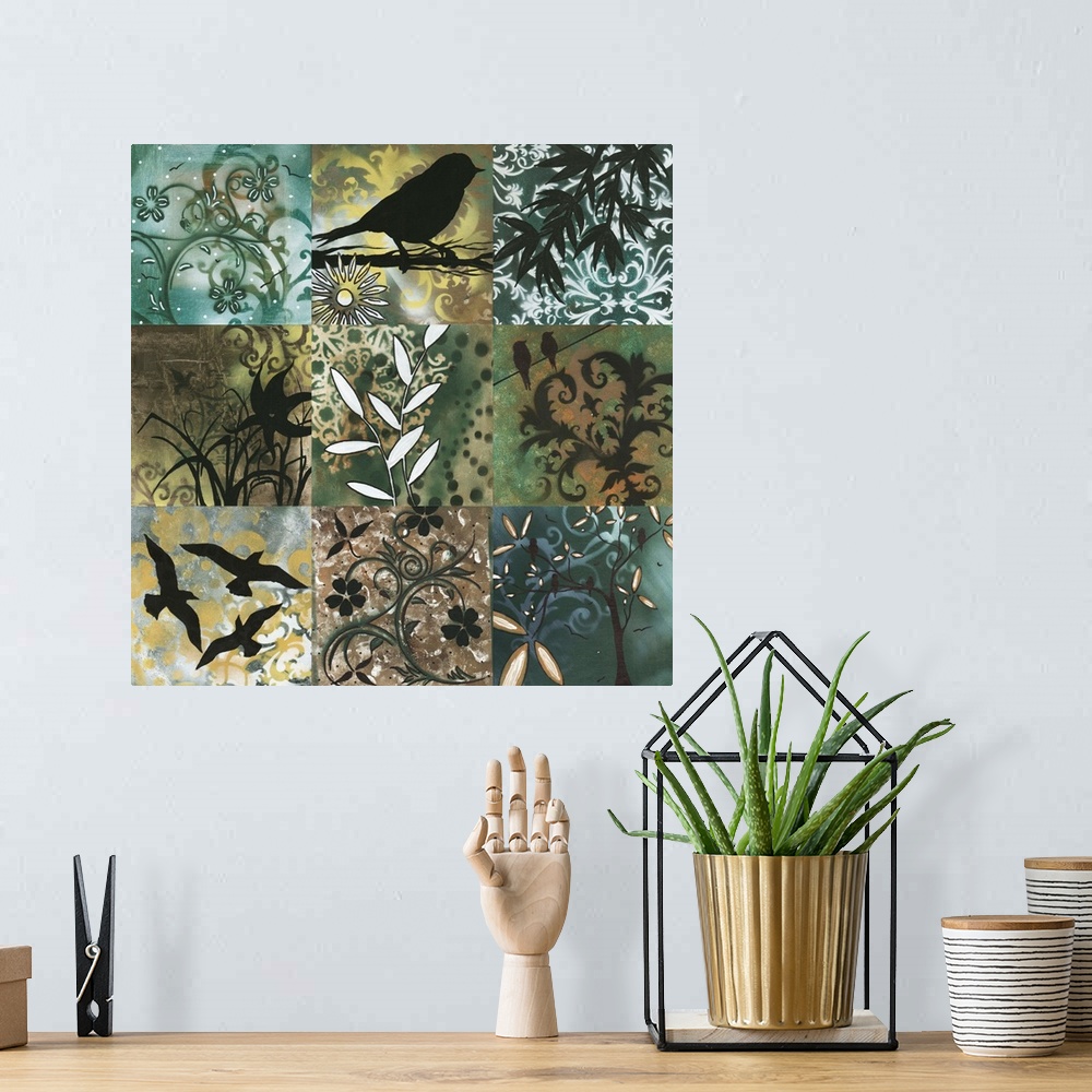 A bohemian room featuring A modern, decorative set of 9 contemporary nature inspired designs. Each individual painting feat...