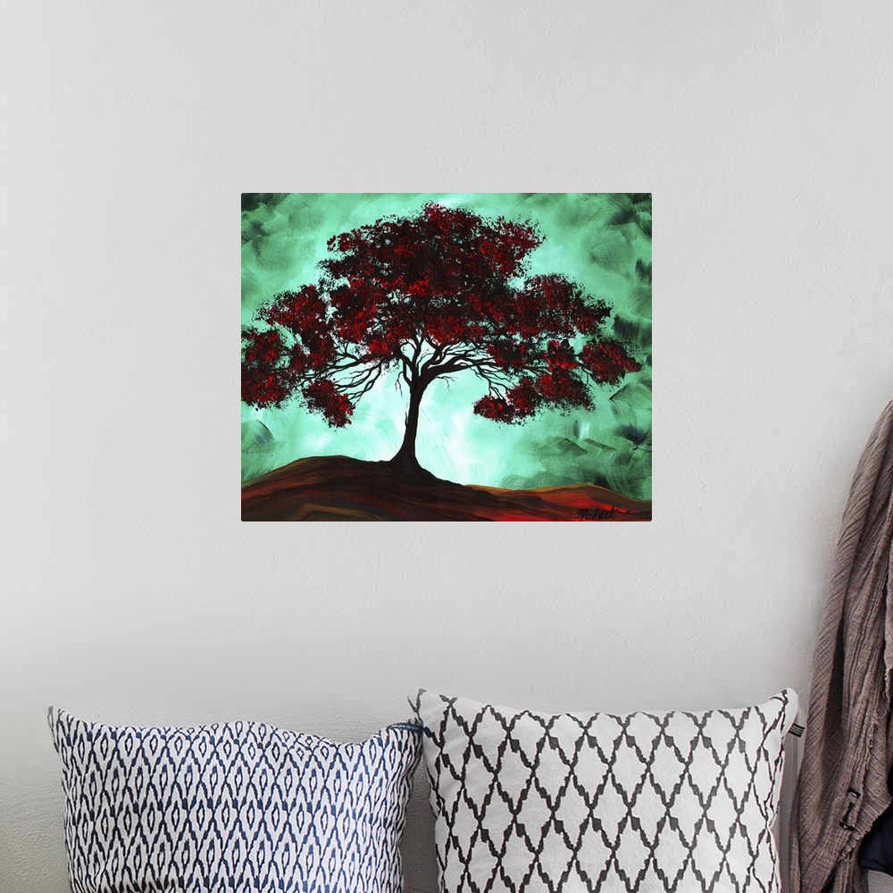 A bohemian room featuring Contemporary painting of a large tree that has red leaves and a glowing green background to contr...