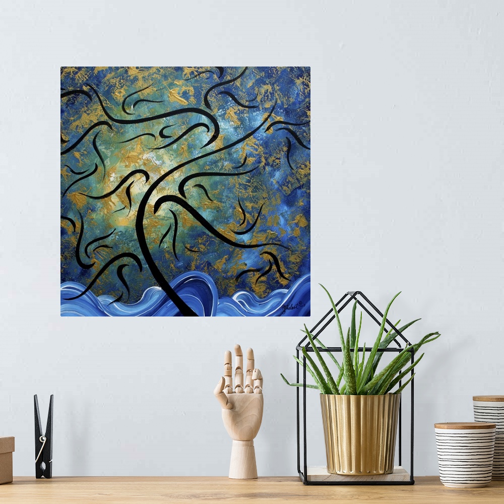 A bohemian room featuring Contemporary abstract art of ocean waves and a leaf filled sky blowing in the breeze.