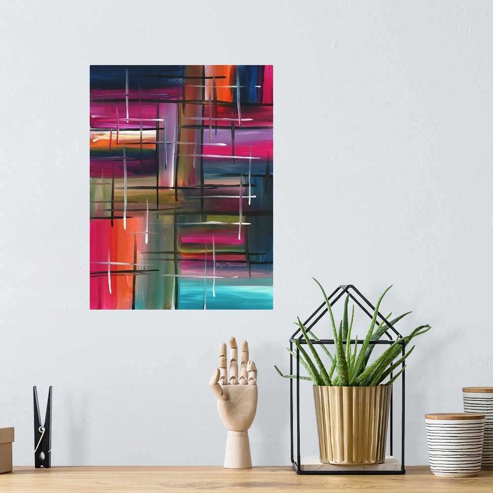 A bohemian room featuring A fun and playful abstract featuring a variety of both bright and deep hues with brushstrokes in ...