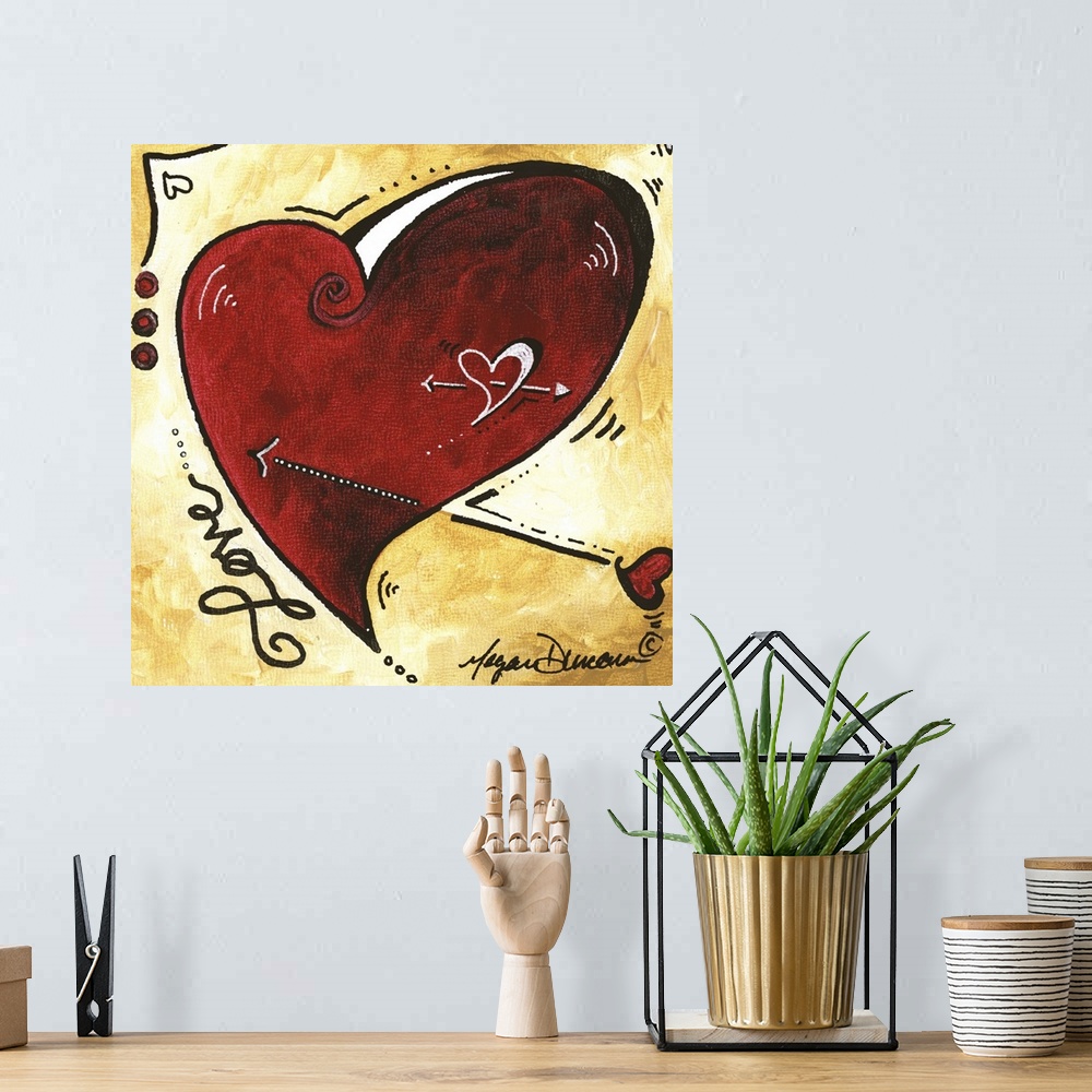 A bohemian room featuring Contemporary painting of a heart with an arrow through it against an earth toned background.