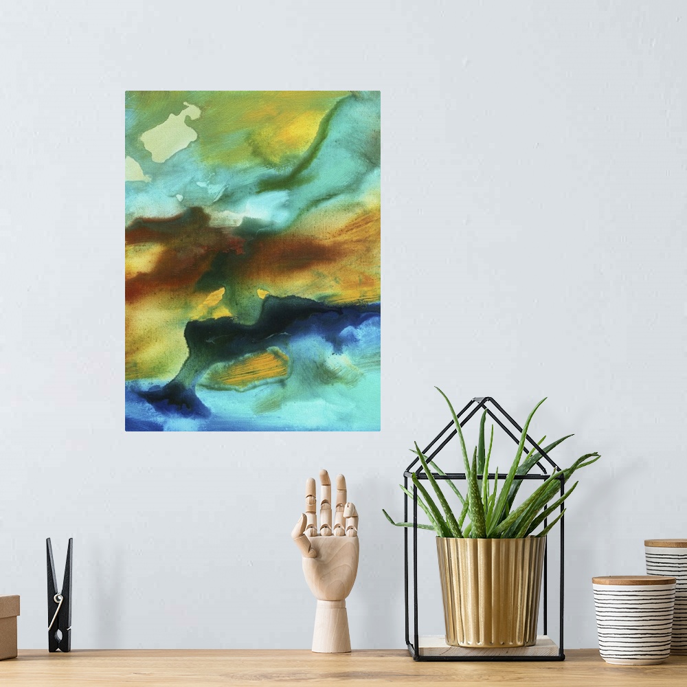 A bohemian room featuring This is a huge colorful and bold abstract piece. The fluid colors of rust, yellows and turquoise ...