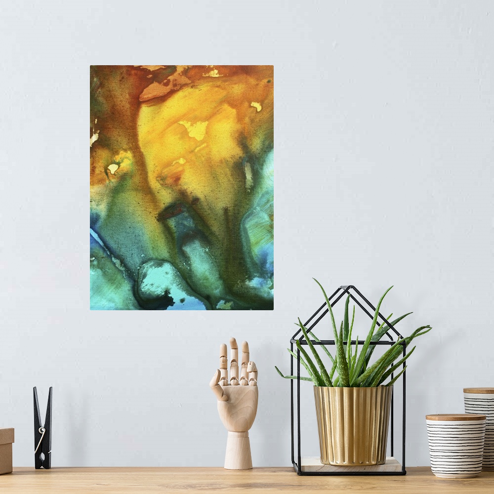 A bohemian room featuring This is a vertical Giclee print of a contemporary piece of art work created by warm and cool pain...
