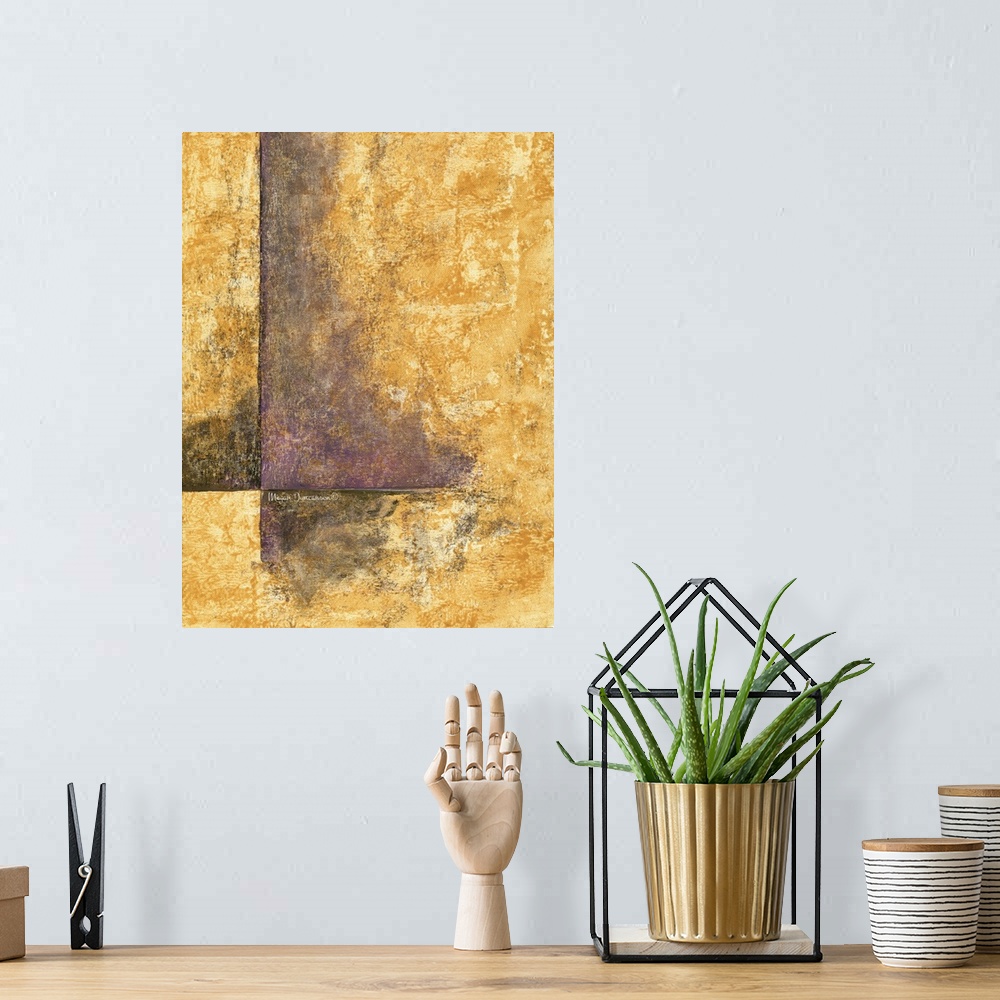 A bohemian room featuring A contemporary abstract painting that has a gold background with purple and black designs lying h...