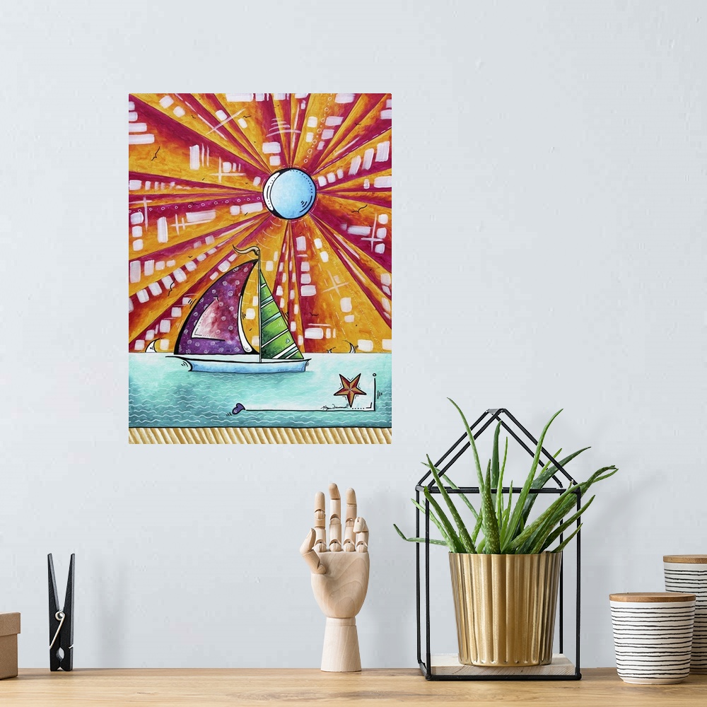 A bohemian room featuring Contemporary painting of a sailboat with brightly colored sails with a bright sun with large rays...