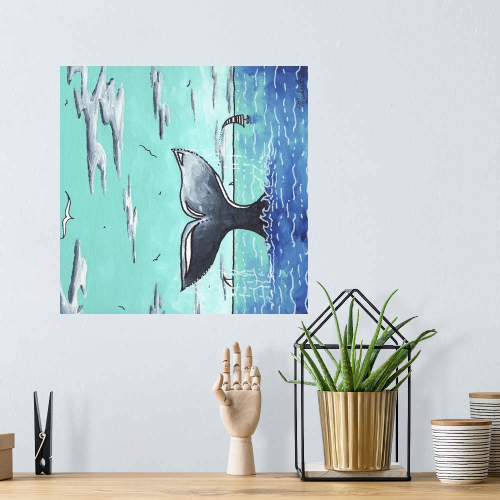 A bohemian room featuring Contemporary painting of a whales tail sticking up out from the ocean, with sailboats in the dist...