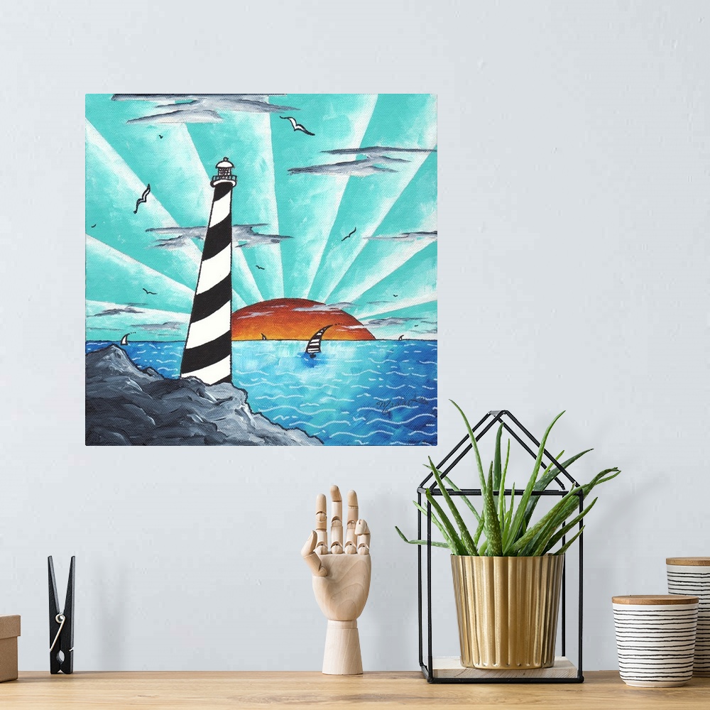 A bohemian room featuring Contemporary painting, of a black and white spiral lighthouse overlooking a sun setting over the ...