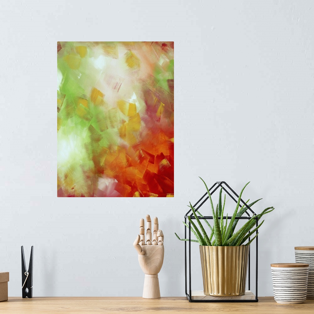 A bohemian room featuring Portrait, large abstract painting of thick , short brushstrokes in various vibrant colors, poppin...