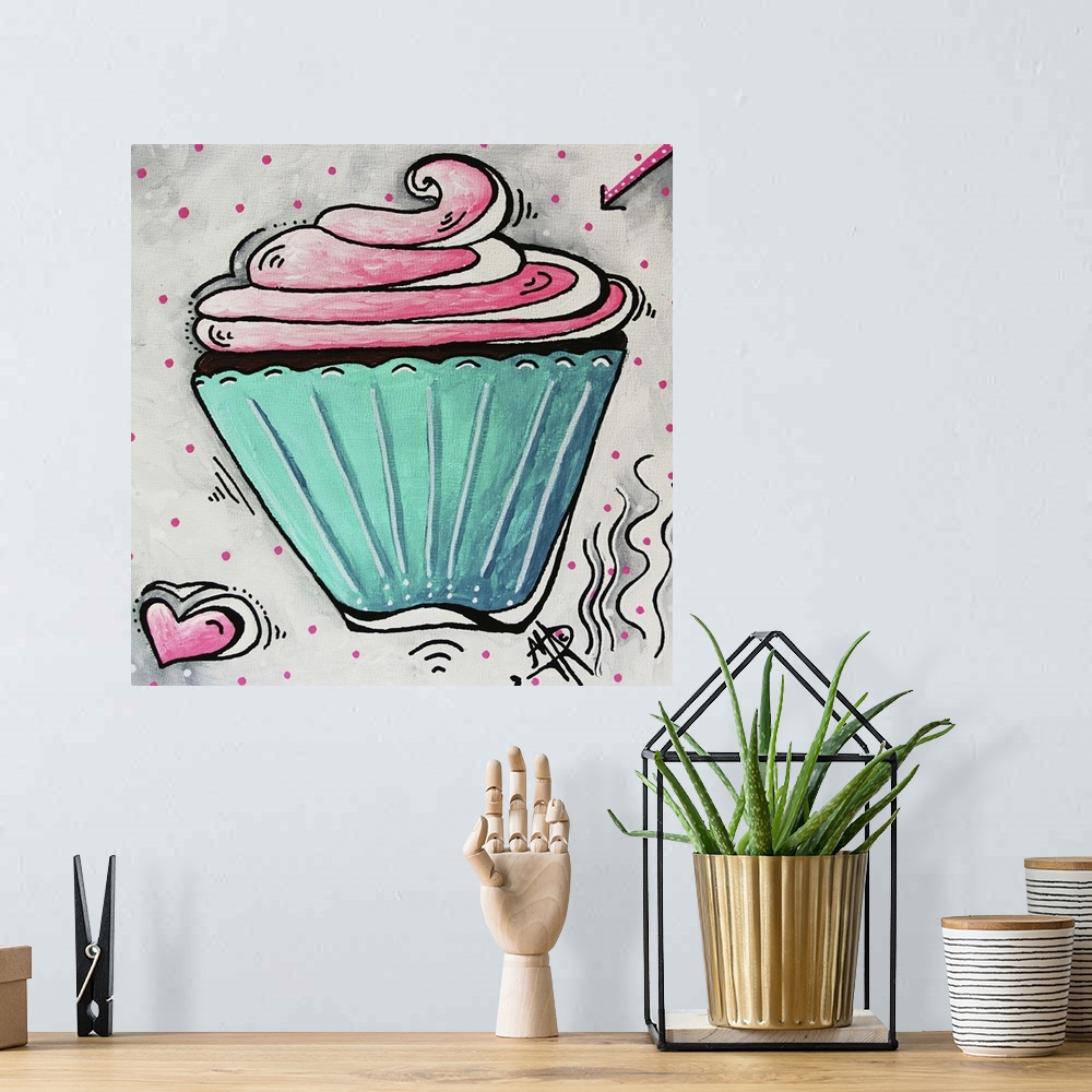A bohemian room featuring Cute contemporary painting of a cupcake with bright pink frosting and a turquoise cup.