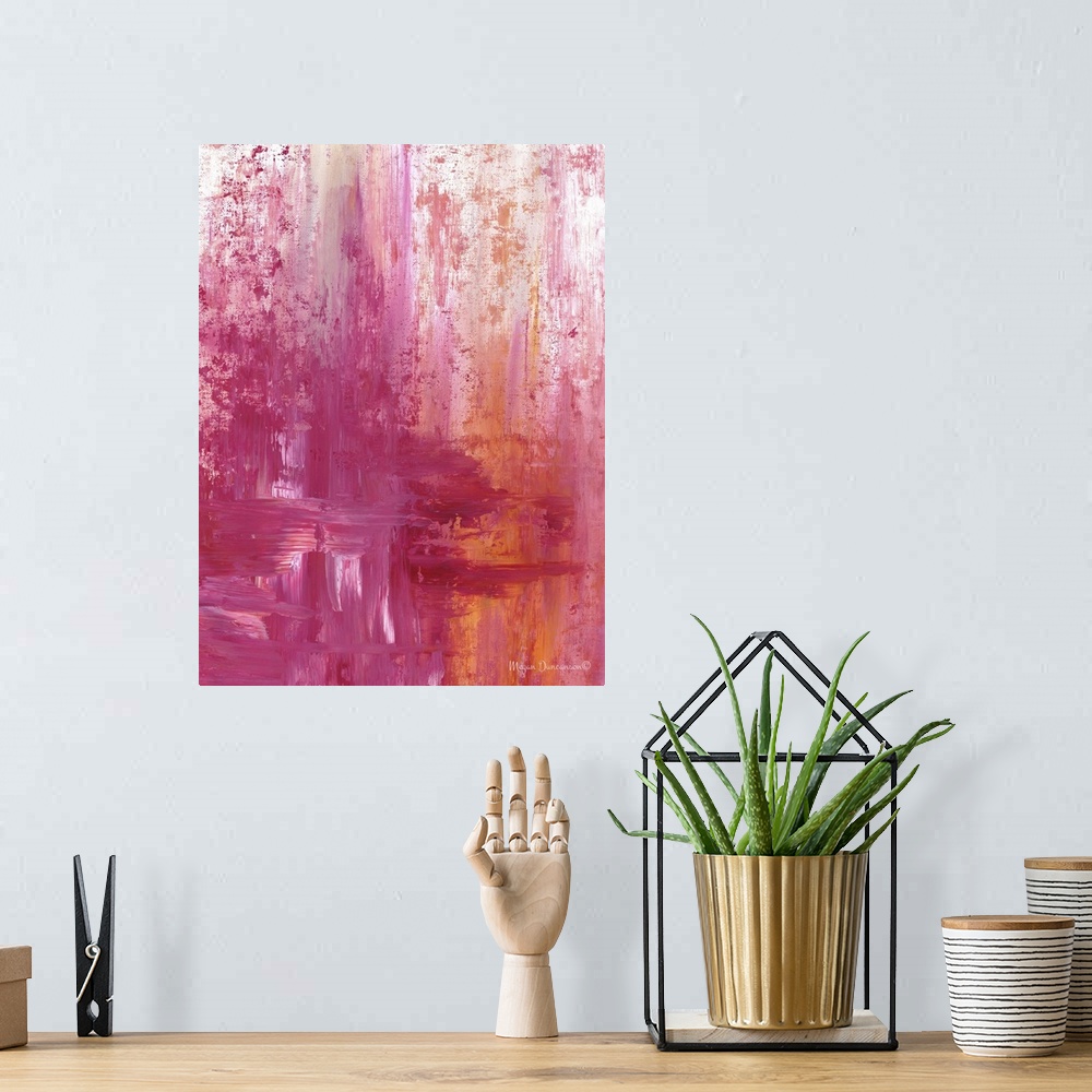 A bohemian room featuring A fun and bright contemporary abstract painting with a variety of heavy pink hues mixed with a bi...
