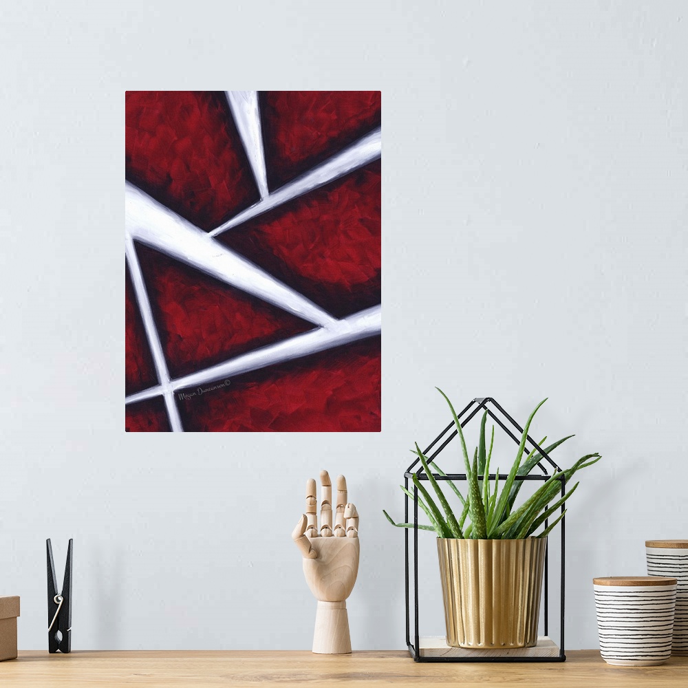 A bohemian room featuring A contemporary abstract painting that has bright red brushstrokes underneath bold white lines mov...
