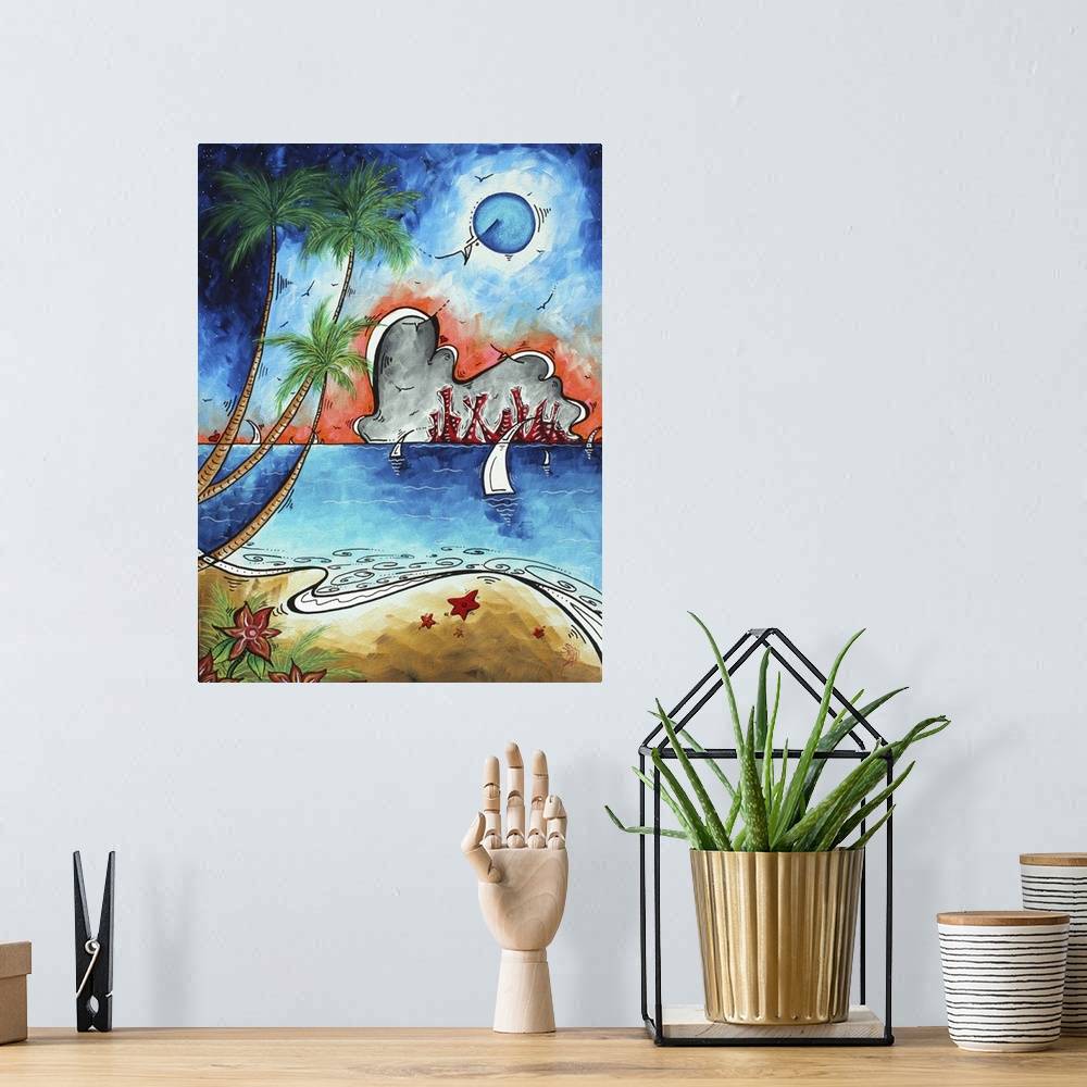 A bohemian room featuring A unique, original, abstract Coastal, Tropical painting in MADART's signature style. This paintin...