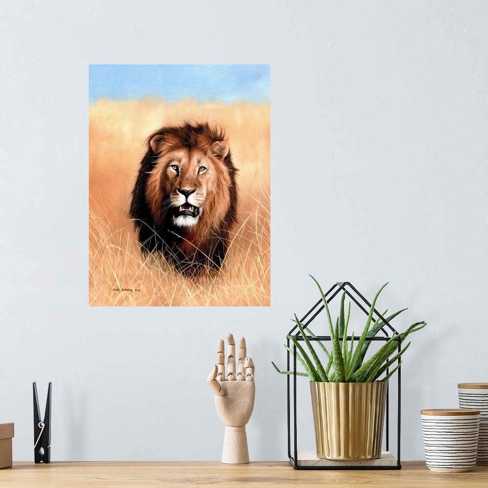 A bohemian room featuring Oil painting of an African lion in the savannah.