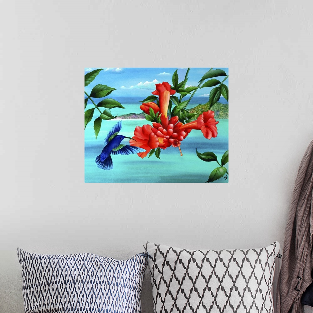 A bohemian room featuring Artwork of colorful and vibrant red tropical flowers, with a blue hummingbird hovering beside them.