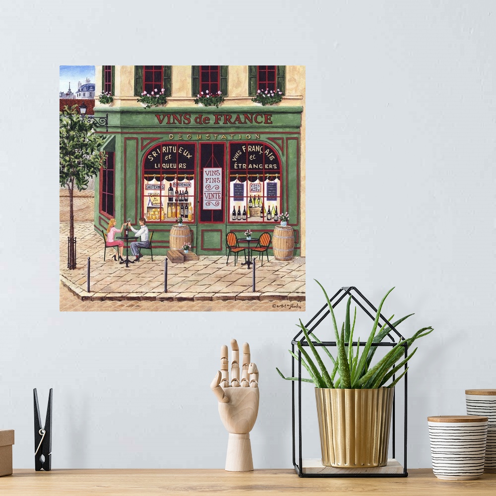 A bohemian room featuring Painting of a Parisian wine and liquor storefront.