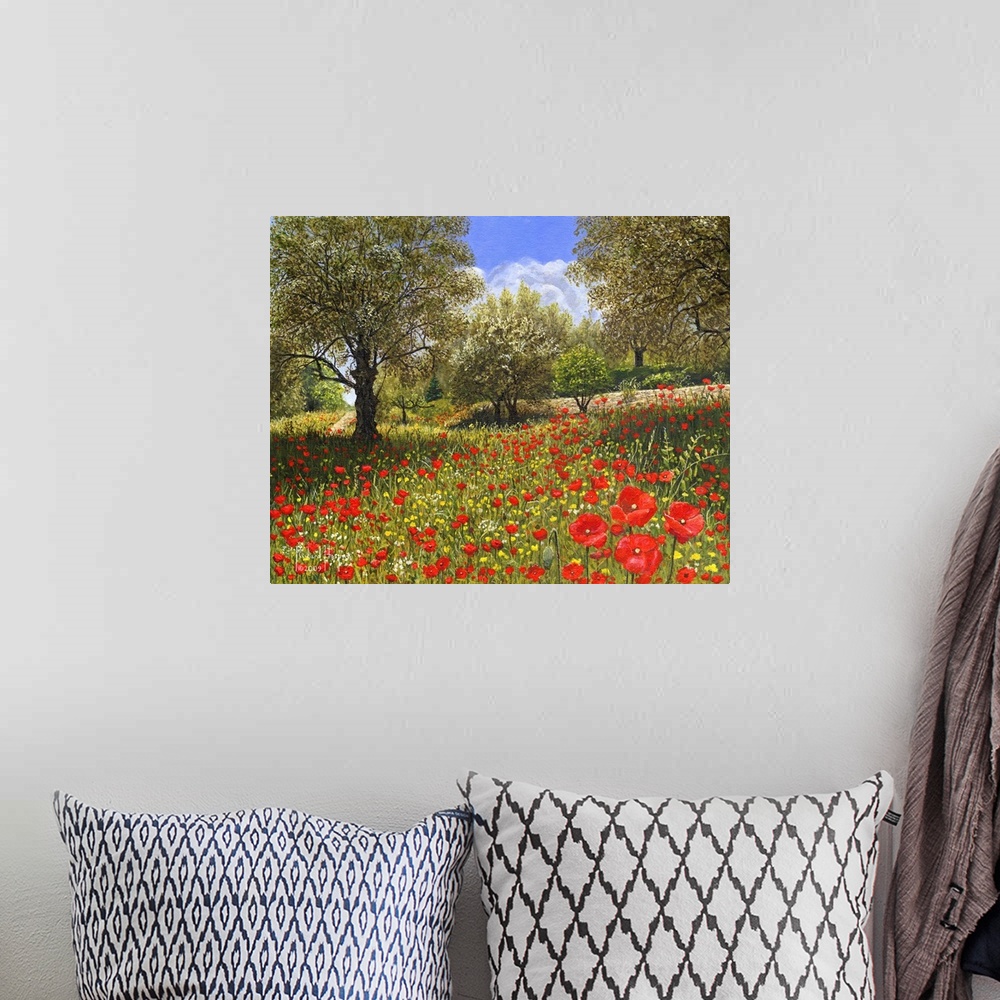 A bohemian room featuring Contemporary painting of a grove of olive trees among patches of red flowers.