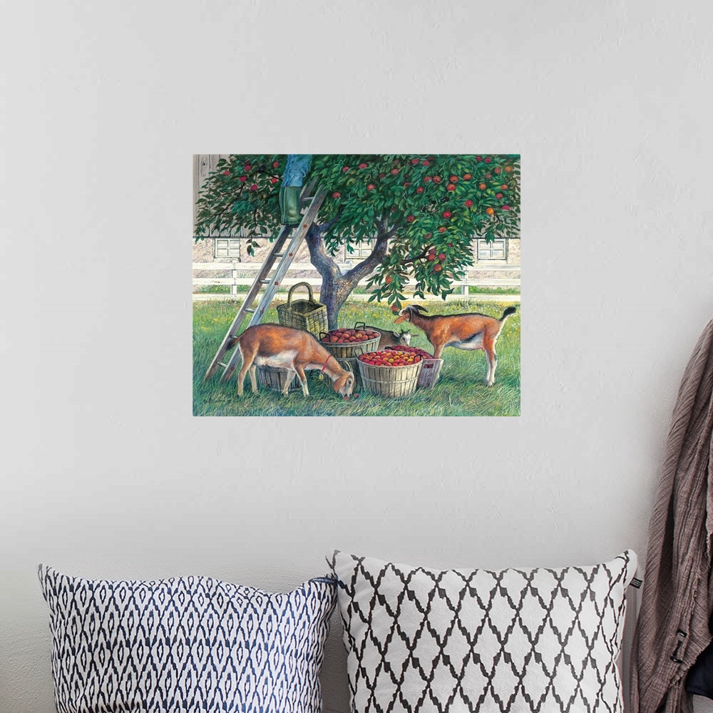 A bohemian room featuring Contemporary painting of goats getting into baskets of freshly picked apples.