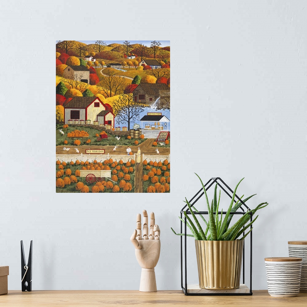 A bohemian room featuring Americana scene of farm houses near a pumpkin patch.