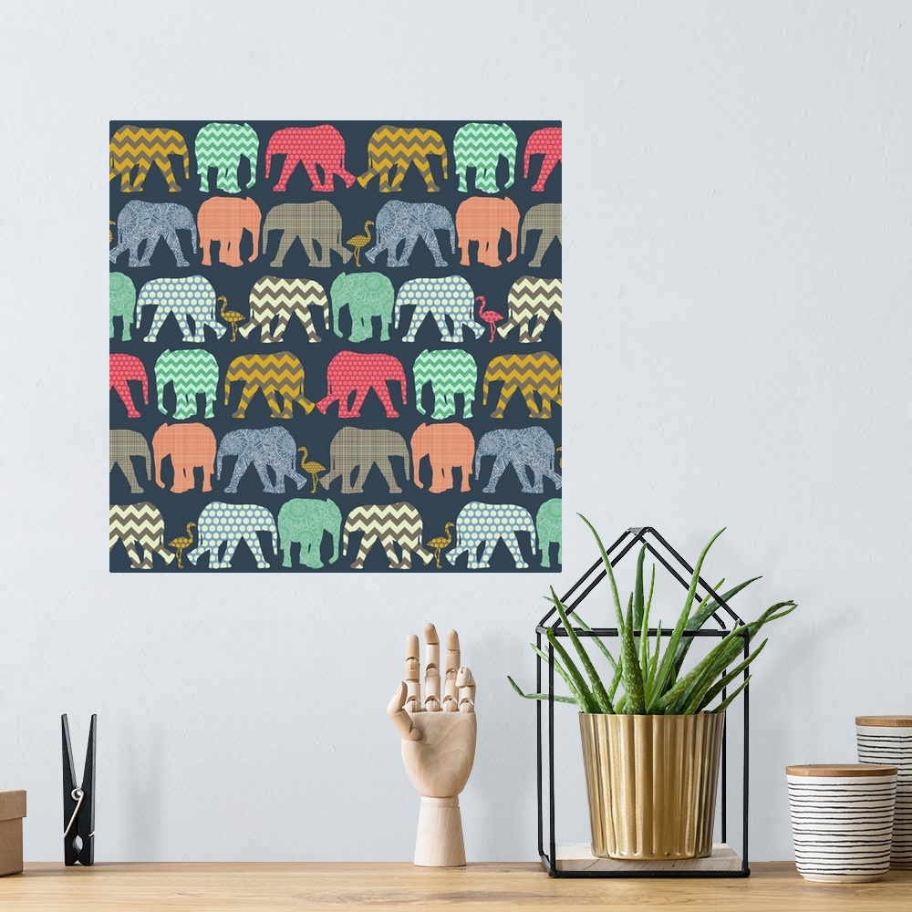 A bohemian room featuring repeating pattern ~ geo baby elephants and flamingos