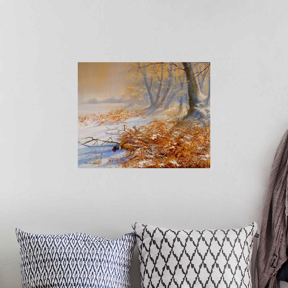 A bohemian room featuring Contemporary painting of rural landscape in winter.