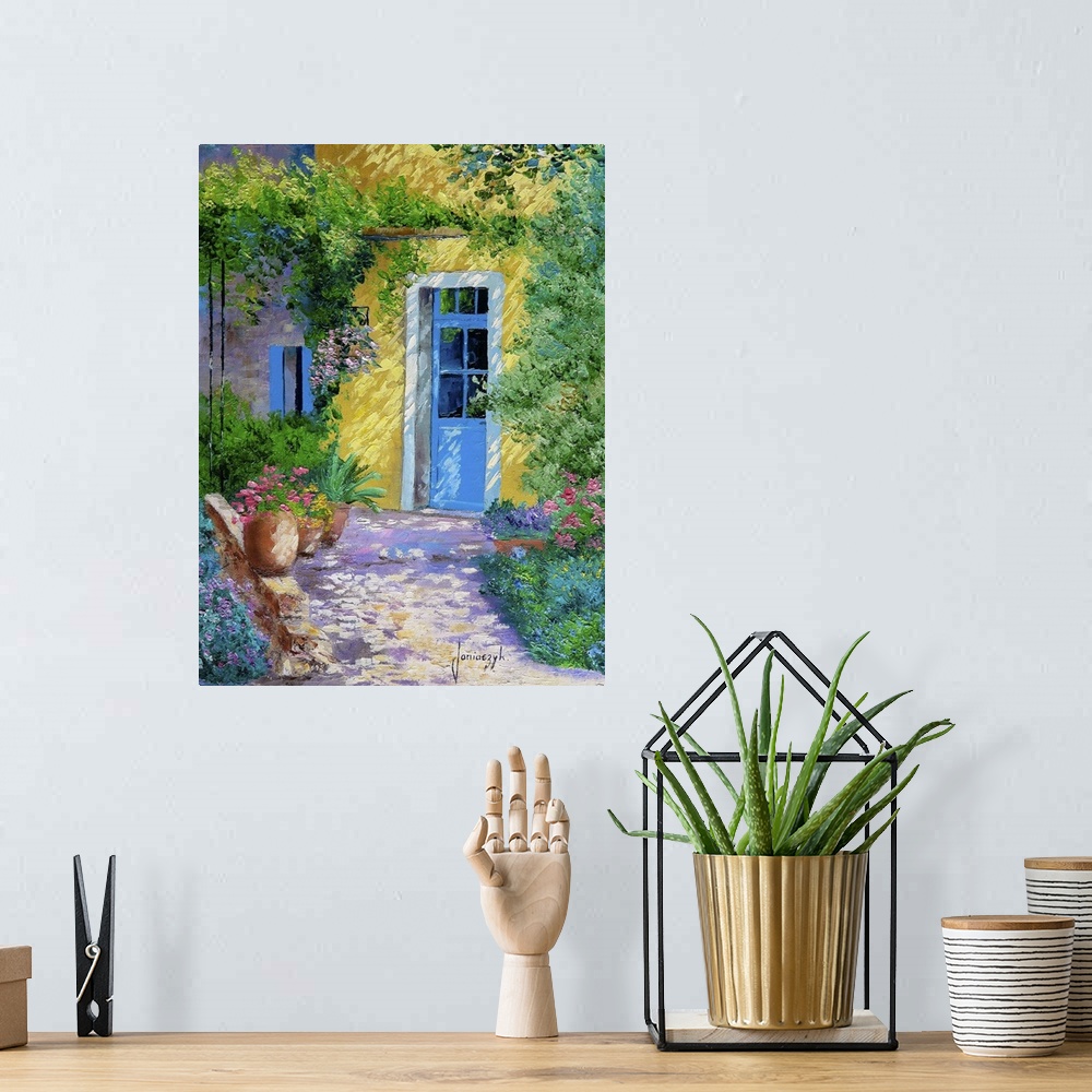 A bohemian room featuring Contemporary painting of a blue door surrounded by blooming flowers and lush vines.