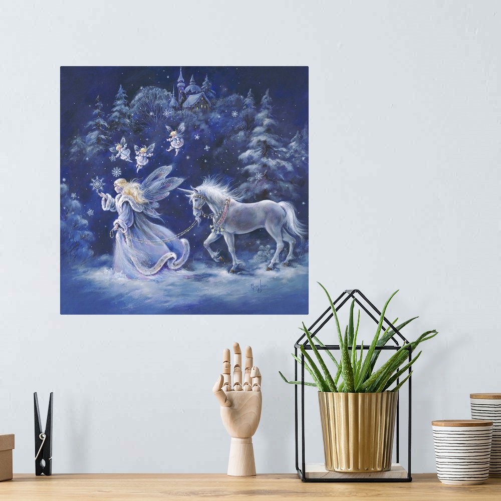 A bohemian room featuring Whimsical contemporary fantasy artwork of fairies and unicorns in an enchanted wood.