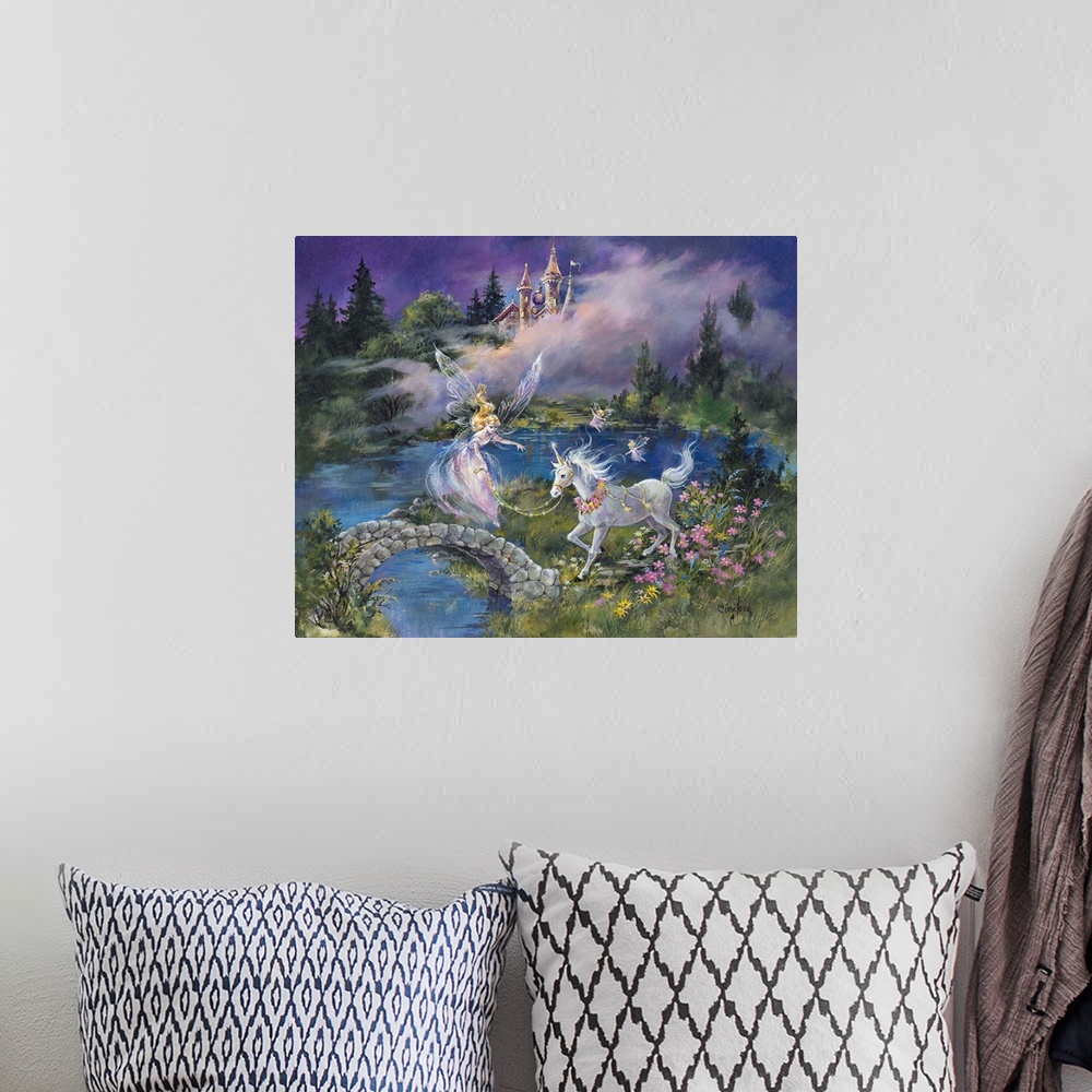 A bohemian room featuring Whimsical contemporary fantasy artwork of fairies and unicorns in an enchanted garden.